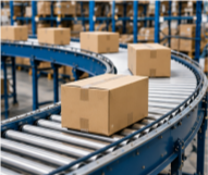 Industrial conveyor system with boxes in a material handling facility