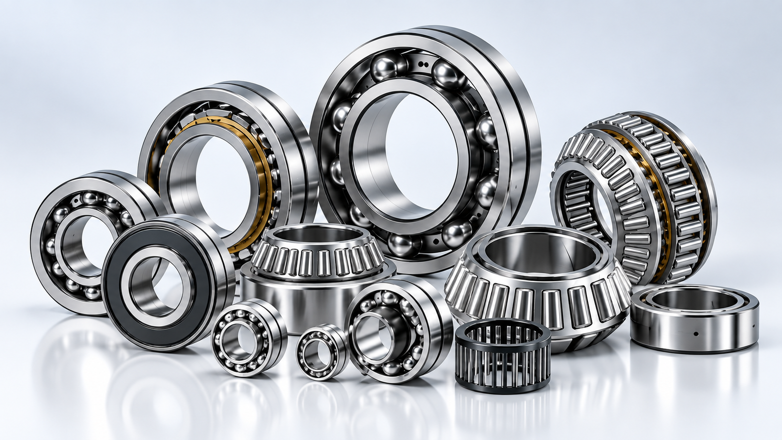 Assortment of industrial bearings including ball bearings and roller bearings