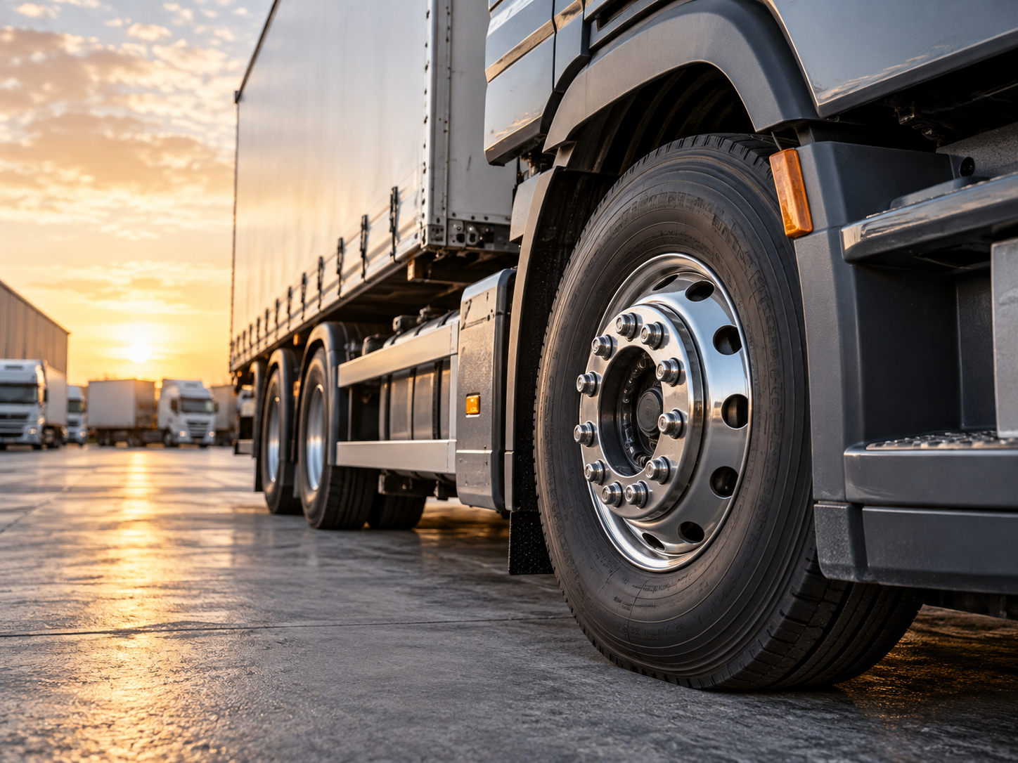 Close-up of a commercial truck wheel and chassis