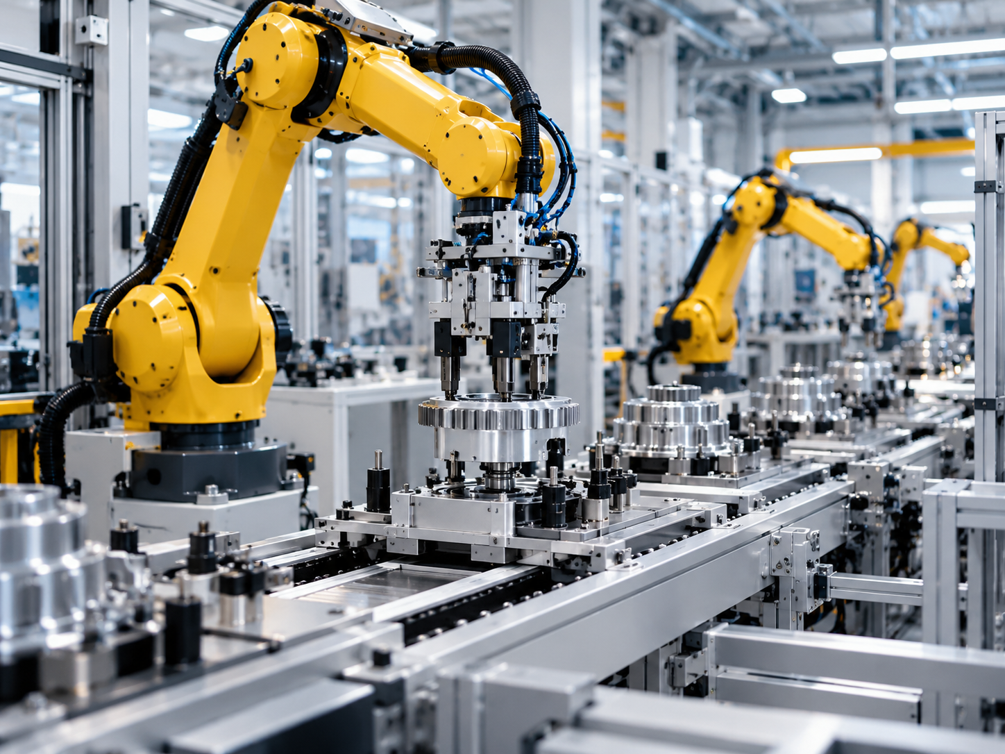 Industrial robotic arms operating in an automated production facility