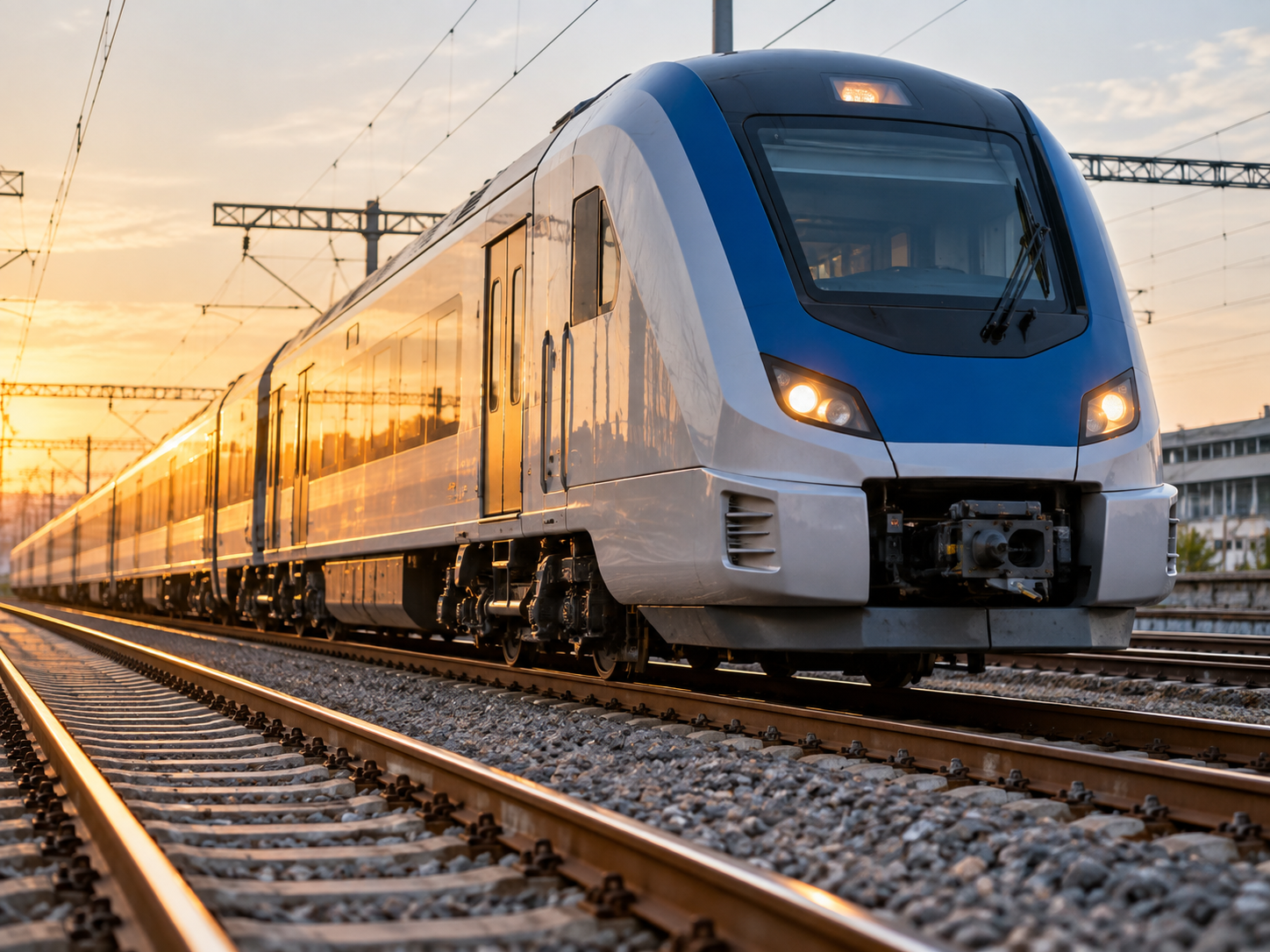 Passenger railway train traveling on railway tracks