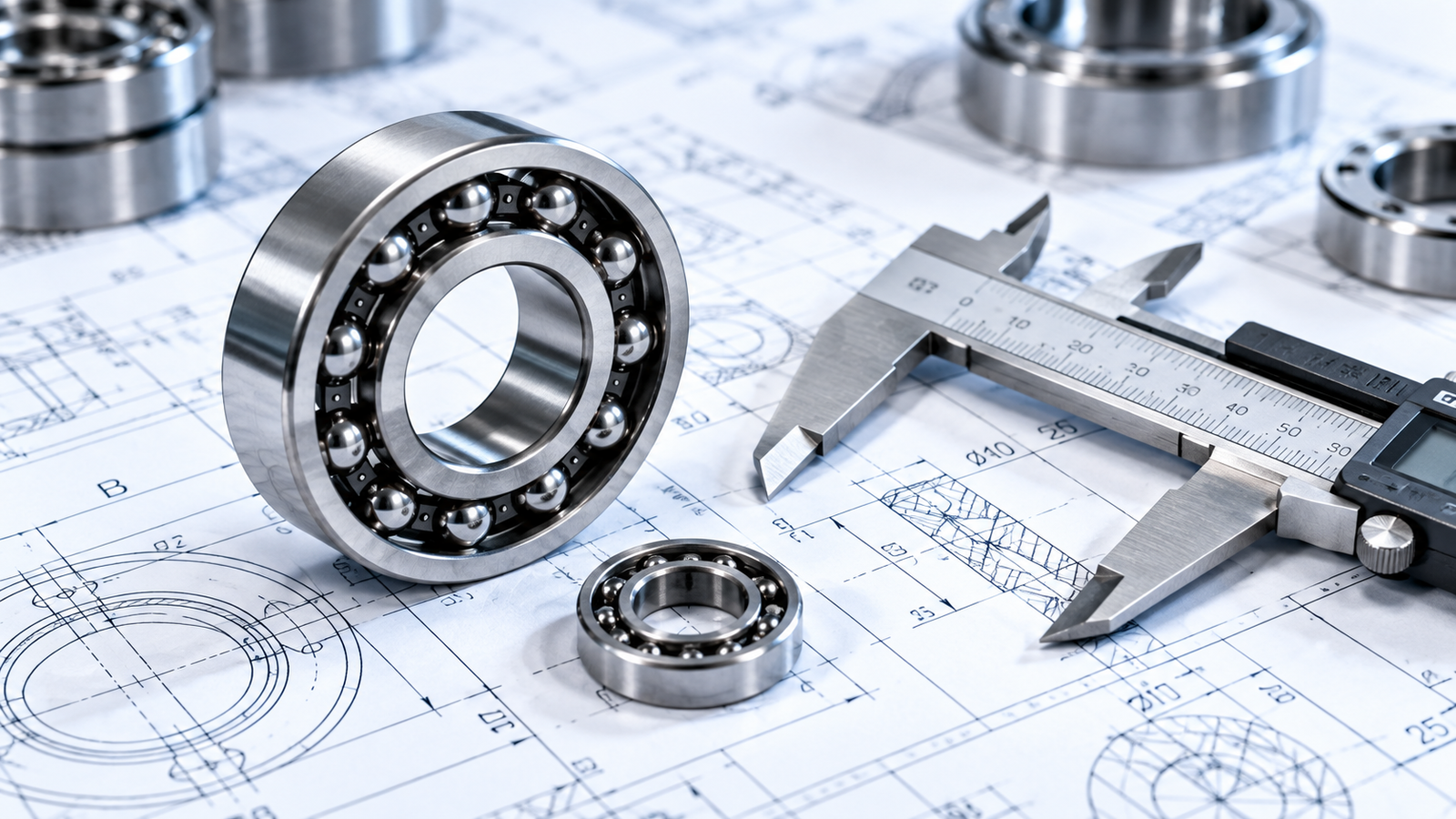 Industrial bearings with technical drawings and measuring tools