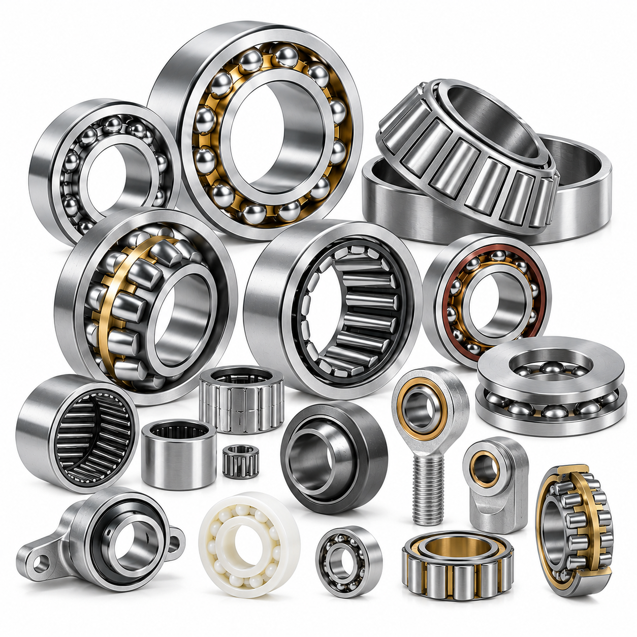 Assorted deep groove ball bearings and industrial roller bearings in different sizes