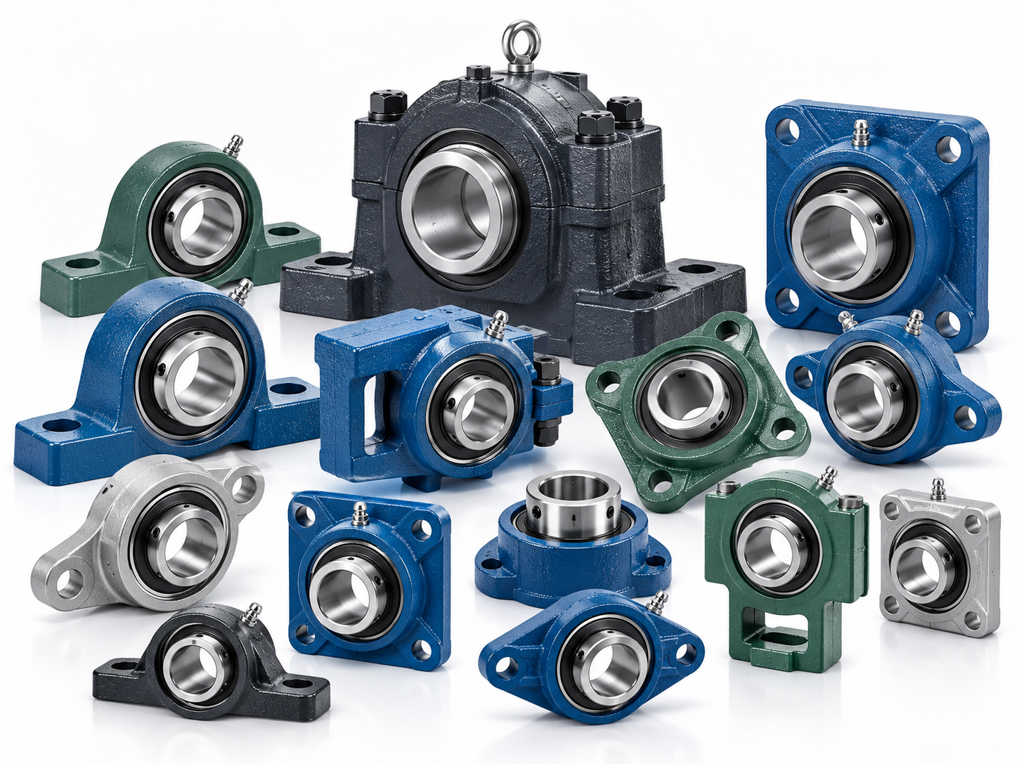Assorted mounted bearing units and bearing housing configurations